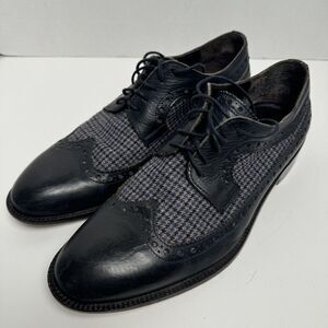 Paul Frederick Art Check Wing Tip Blue Leather Shoes  8M #FFK115D‎